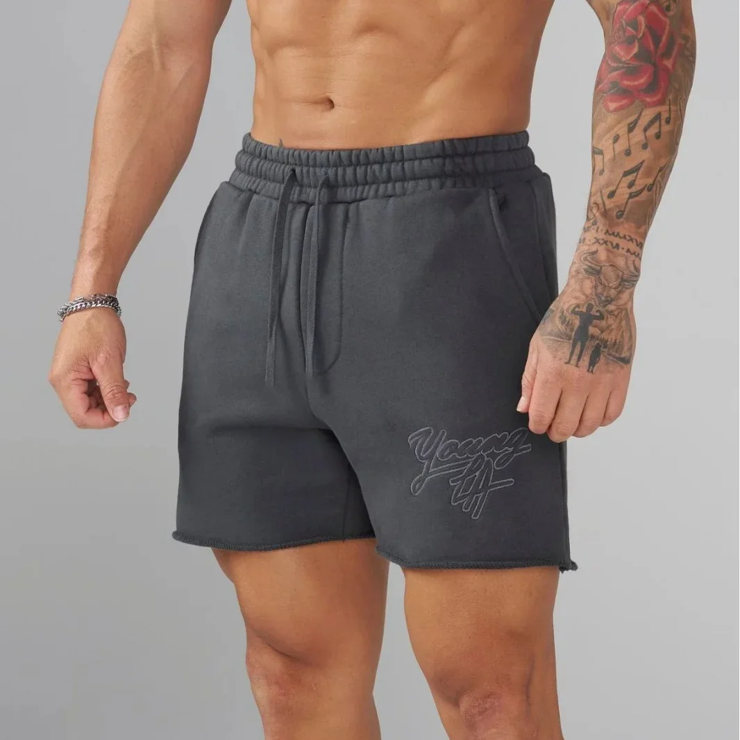 YOUNGLA American new men's shorts sports fitness casual five quarter pants wool fabric embroidered shorts