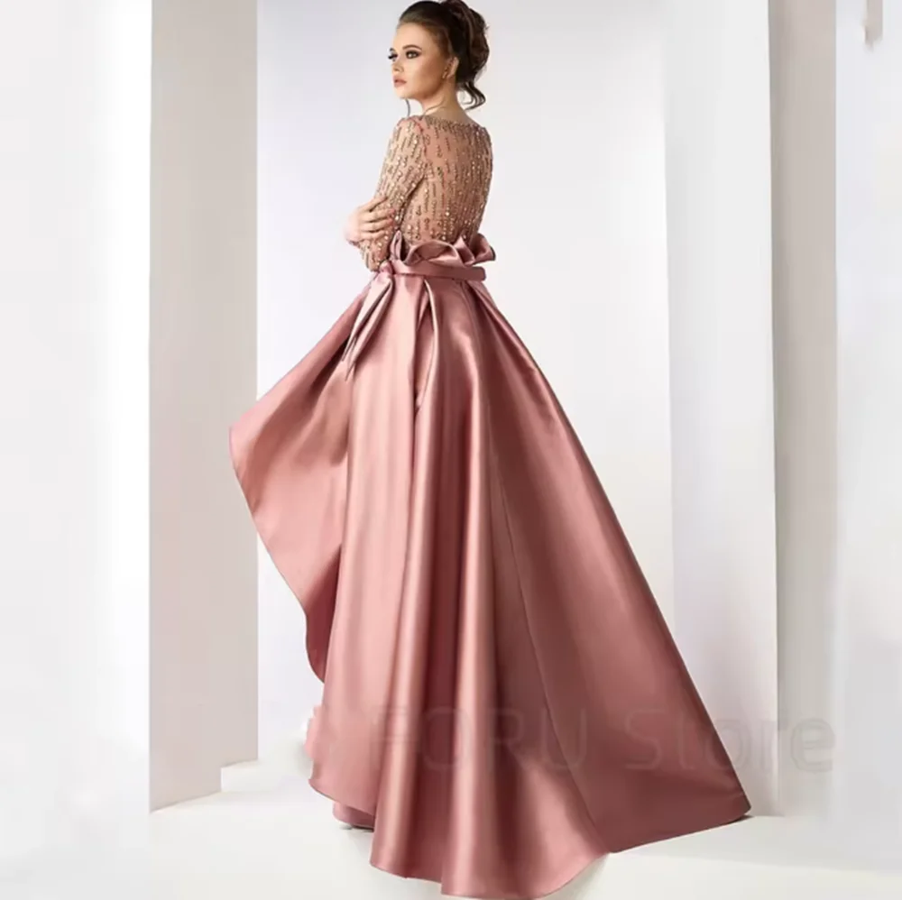 Irregular High/Low Evening Dress Scoop Neck Long Sleeves Tulle and Satin Women Floor Length Gowns for Party and Prom Custom Made