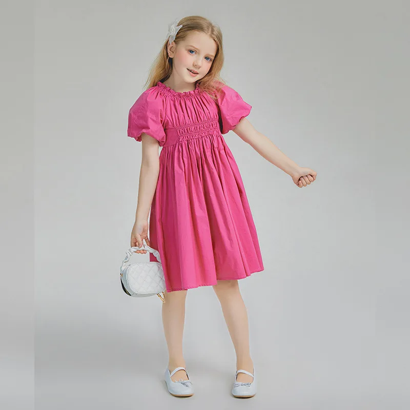 2024 Summer Children Girl Dress Teenager Girl Bubble Sleeve One-piece Dress School Girl Elastic Waist Fluffy Princess Dress