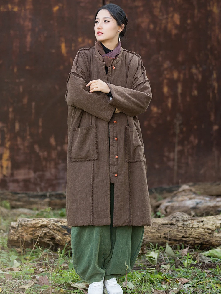 

High Quality Cotton Linen Casual Parkas Women New 2025 Winter Chinese Style Solid Color Female Thick Warm Long Coats M2080
