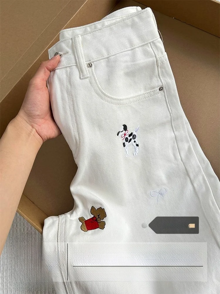 

Женские джинсы с высокой талией, широкими штанинами и вышивкой, свободного прямого кроя, весенняя новинка, модные белые брюки с декоративной строчкой