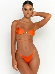 Maillot de bain sexy pour femmes, bikini solide avec liens, string, vêtements de plage brésiliens, été, 2023