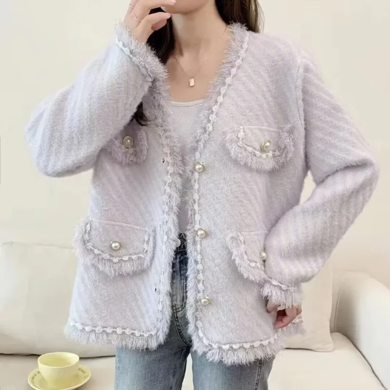 

Mink Fleece Knitted Cardigan Women 2023 Autumn/Winter Long Sleeve Fragrance Coat Temperament Versatile Tassel Female