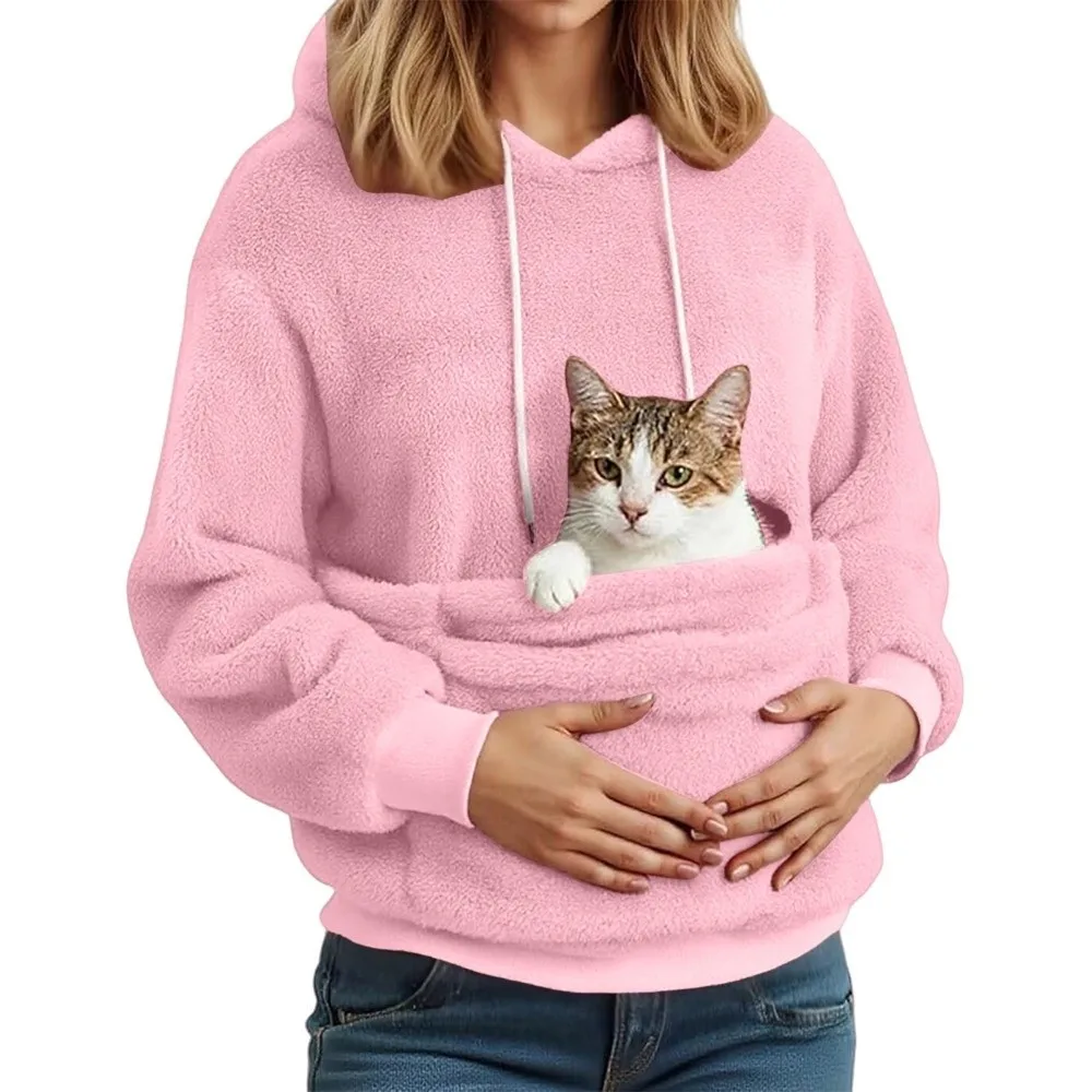 Solid Color Women Pet Carrier Hoodie Hooded Plush Hooded Sweatshirt Fleece-Lined Loose Fit Double Pocket Hoodie Pet Lovers