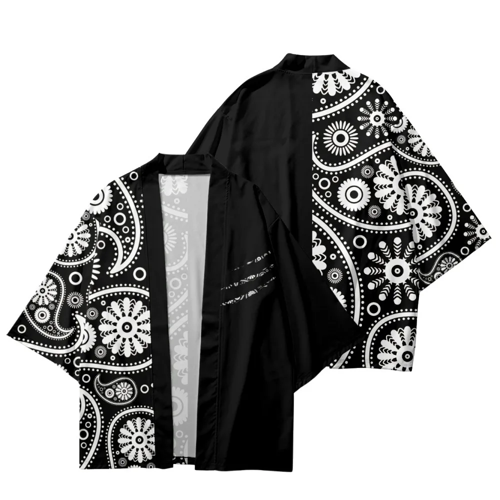 Men Black Print Kimono And Shorts Japanese Style Fashion Beach Mujer Robe Cardigan Shirts Yukata Haori Women's Clothing