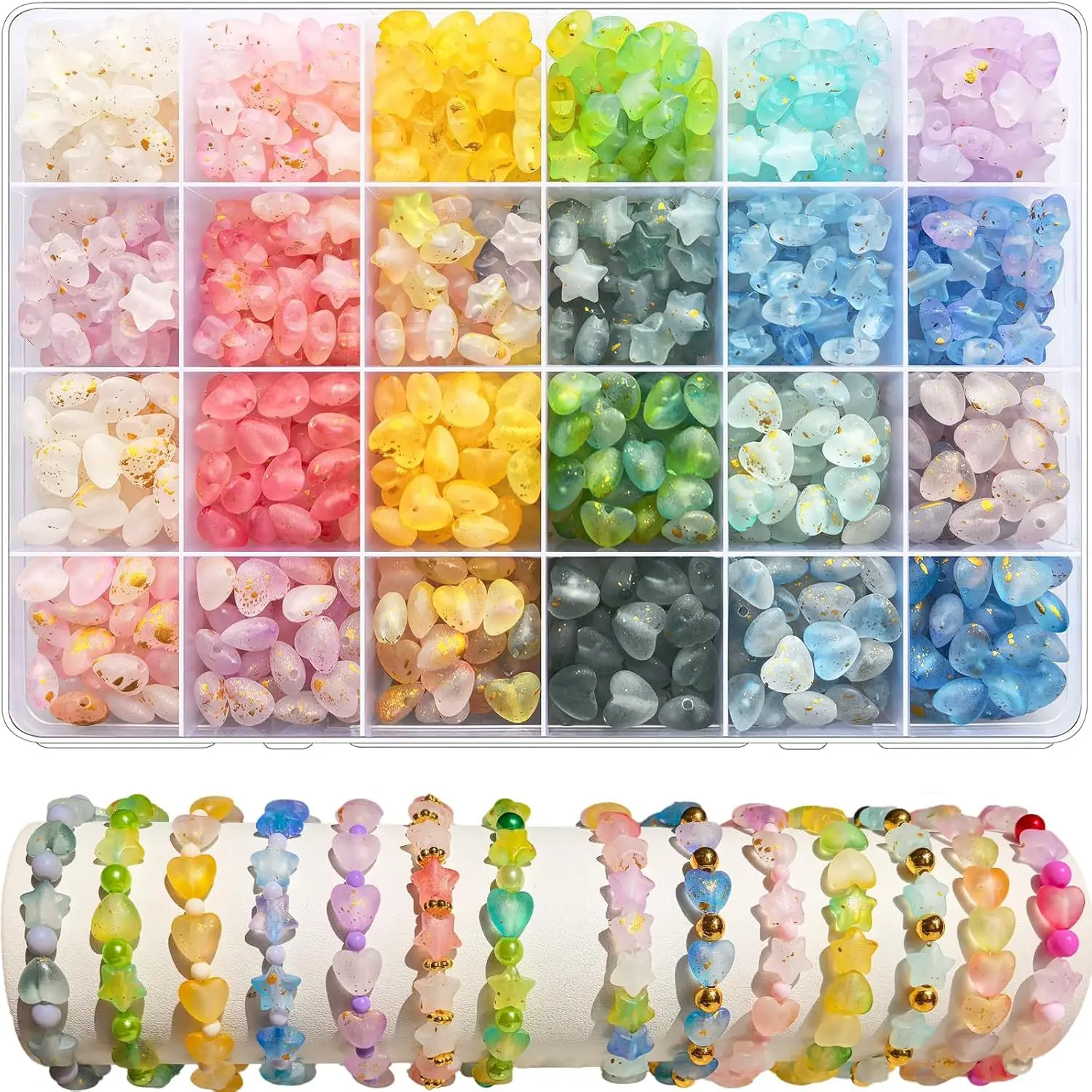24 Grids Acrylic Star |Heart Beads Set Frosted Golden Foil Pastel Colorful Assorted Spacer Beads for DIY Bracelet Jewelry Making
