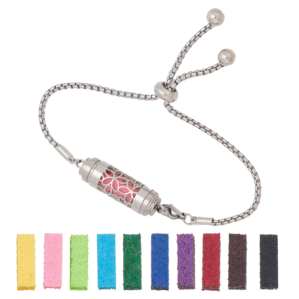Essential Oil Diffuser Bracelet 9-1/8 Inch(23cm) Long Stainless Steel AdjustableColumn Slider Bracelets with 10 Pcs Refill Pads