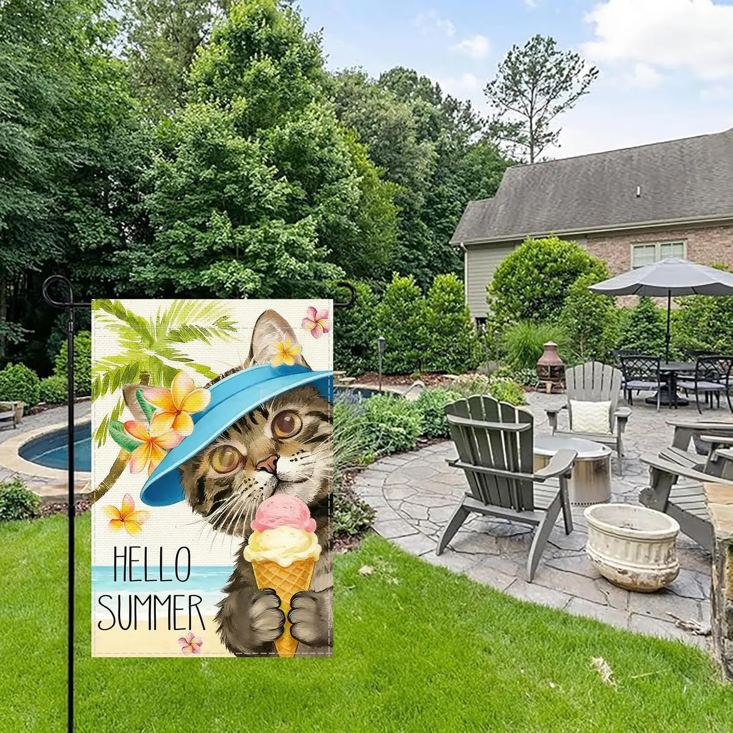 Hello Summer Garden Flag, Cat with Ice Cream and Blue Hat, Tropical Beach Theme, Double Sided Burlap, 12 x 18 Inches AAS