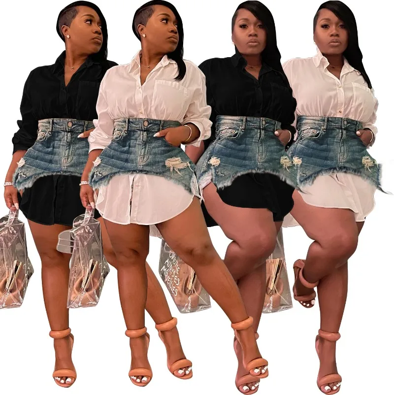 

Two Piece Set Women Denim Skirt Shirt Dress Set Slim Dresses Suit Ensemble 2025 Female Temperament Vestidos Outfits Shirt