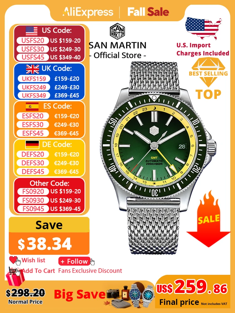 

San Martin Original Design 41mm GMT Dive Watch NH34 Automatic Mechanical Quick Release Bracelet Waterproof 200m Luminous SN0119