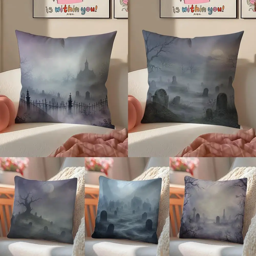 Halloween Graveyard Mist Cushion Cover Pillowcase Short Plush Invisible zipper Room Sofa Cushion Cover