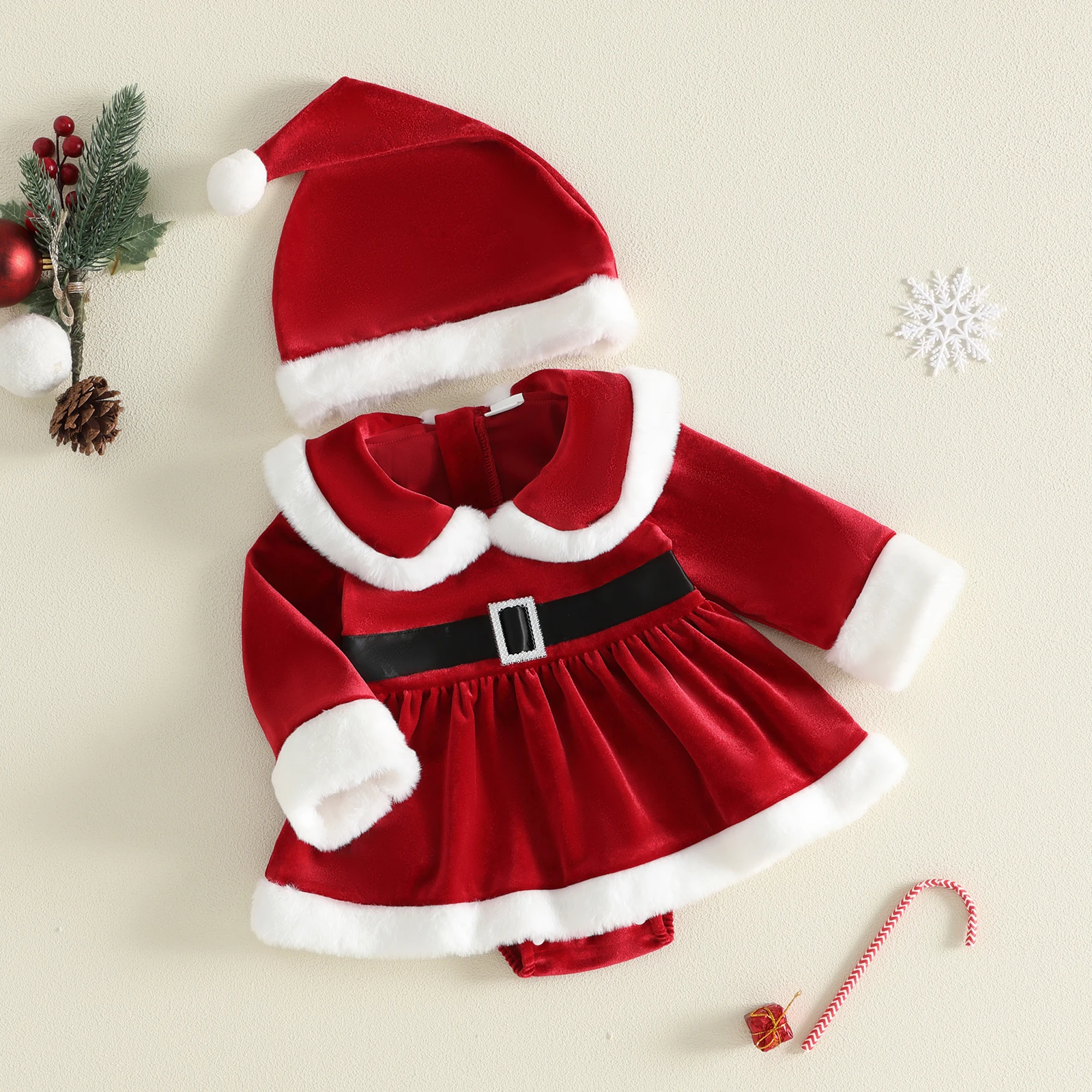 Newborn Baby Girl Xmas Outfit Winter Clothes Santa Long Sleeve Velvet Romper Dress Xmas Princess Dress My First Christmas Outfit
