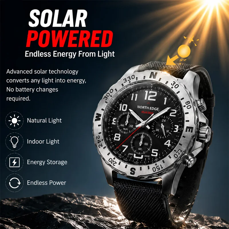 NORTH EDGE MACH 2 Men's Watches Solar Power 316 stainless steel Case Quartz Watch For Men Pilot Waterproof 50M Stopwatch 2026New - view 2