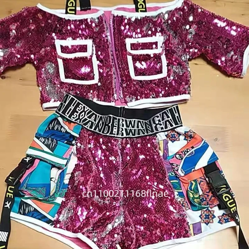 Girls' Hip-hop, Street Dance, Jazz Dance Performance Costumes with Sequins, Stylish and Personalized Fashion Runway Costumes