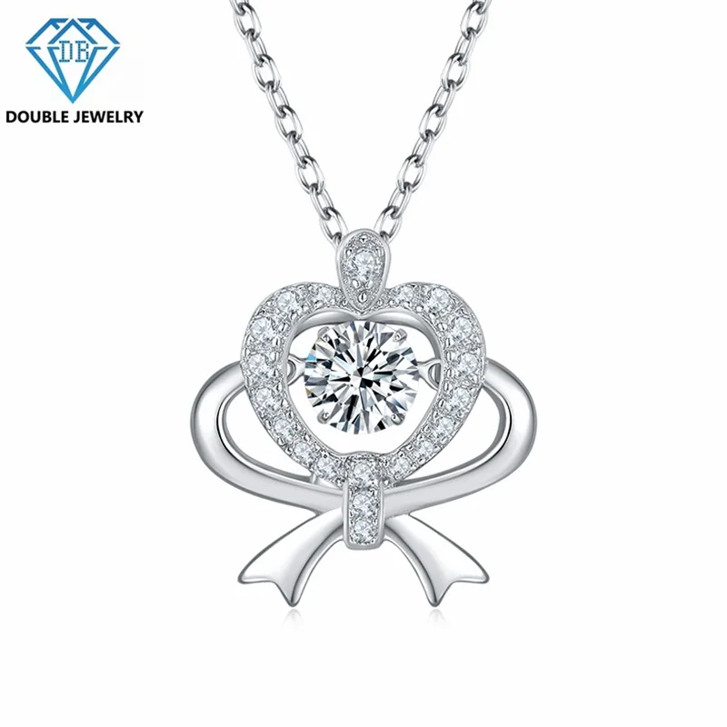 

Double Jewelry Heart gift design Dancing Moissanite Pendant Necklace for Woman lab diamond 925 sterling silver wedding jewellery