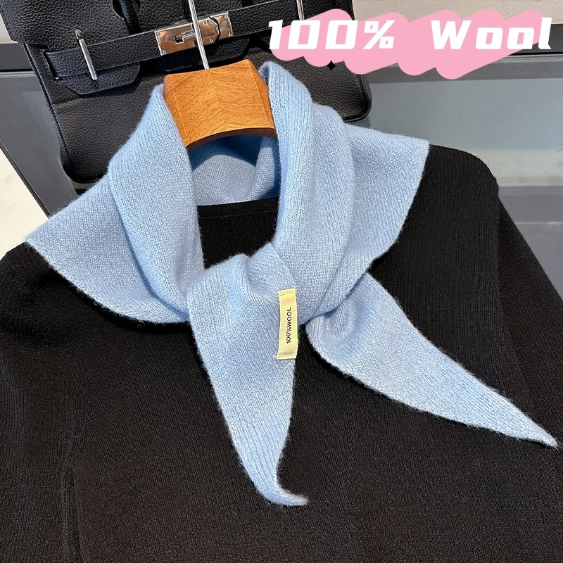 

100% Wool Women Knitted Triangular Scarf Winter Warm Ethereal High-Quality Headscarf Shawl Multi-Functional Neckerchief