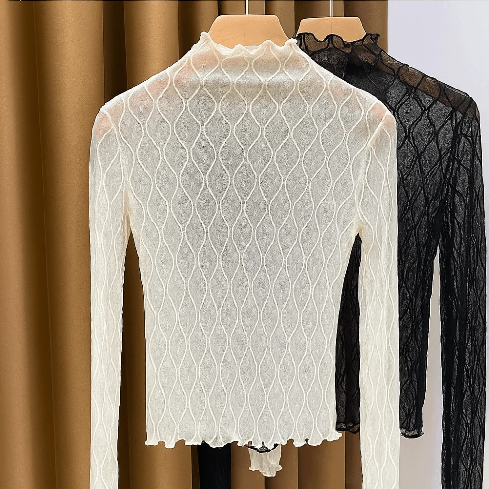 

Sexy Elegant Turtleneck Top Solid Color Mesh Fabric Mesh Top Breathable Hollow Pattern Long-Sleeved Top for Women