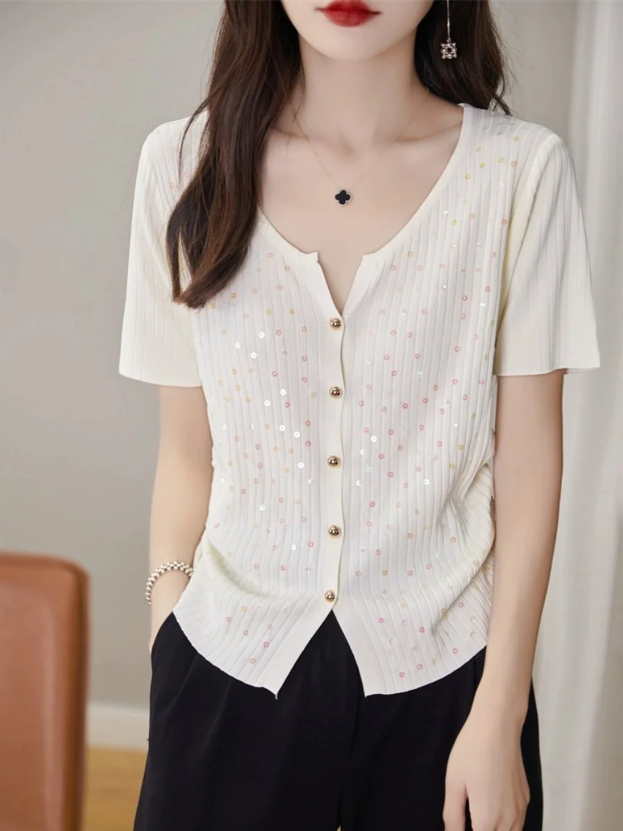 V-Ne Sottile Maglione Lavorato A Maglia di Seta del Ghiaccio Ortap delle Donne 2024 Nuovo Caldo di Estate Lavorato A Maglia Aperto Cardigan Top con Paillettes