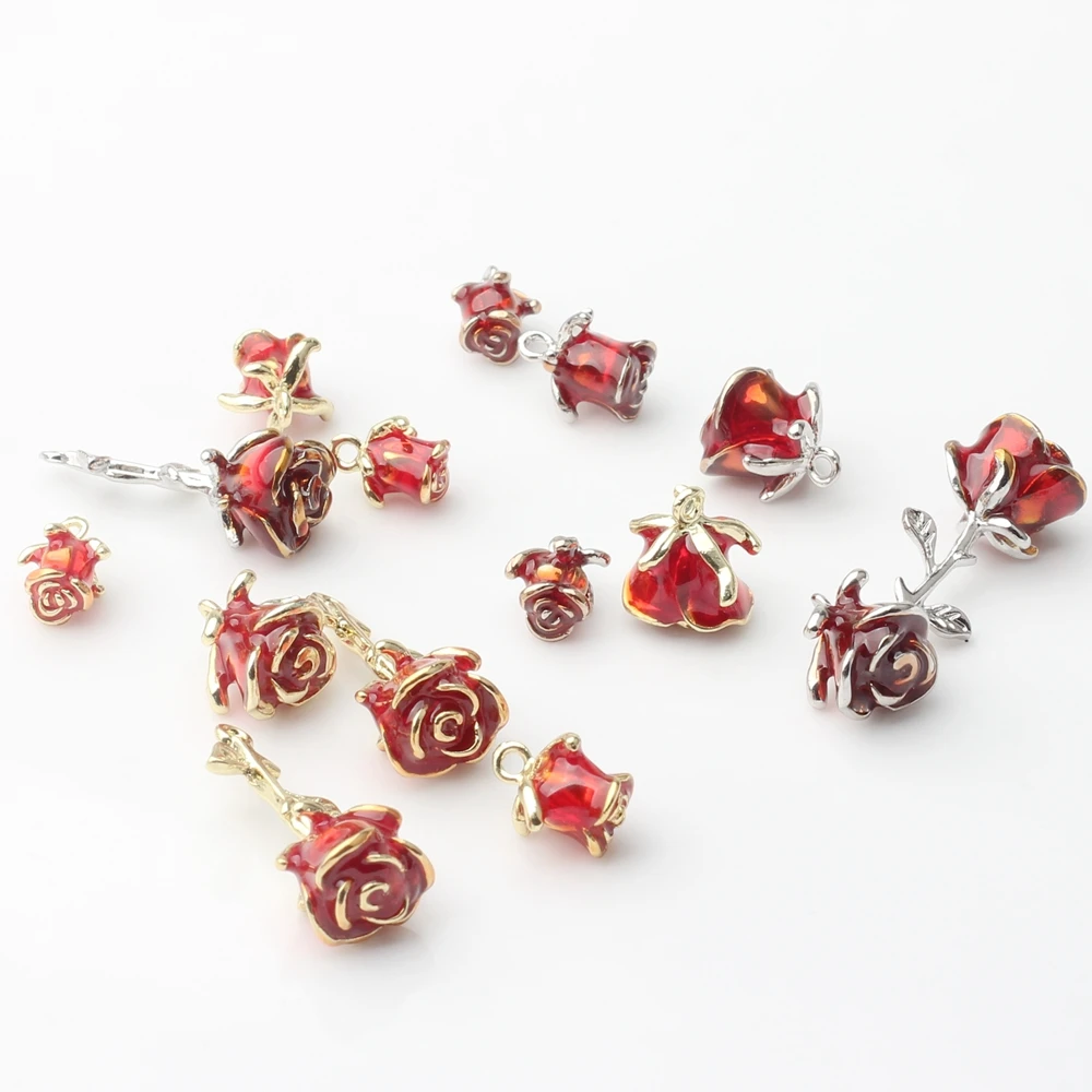 6pcs/lot Zinc Alloy Metal Colorful Enamel Rose Flower Charms For DIY Fashion Jewelry Making Finding Accessories