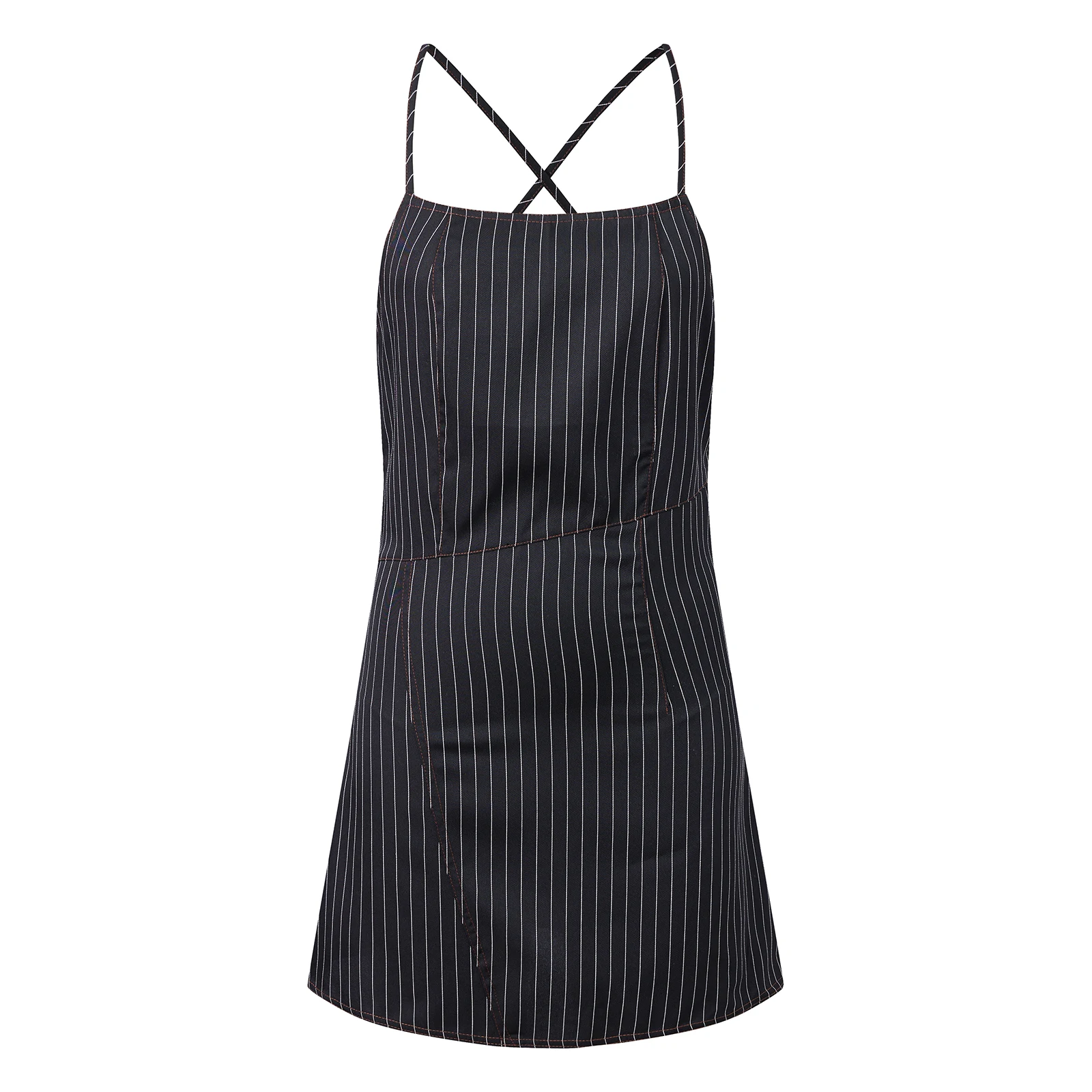 Damen Sommer-Minikleid, Spaghettiträger, ärmellos, gestreift, bedruckt, rückenfrei, Denim-Cami-Kleid