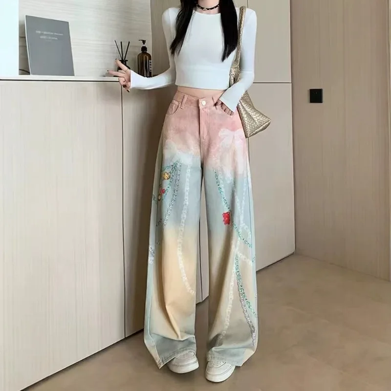 Korean Style Y2k Streetwear Women's Pink Gradient Wide Leg Denim Pants Fashion Japan Harajuku Bow Lace Printed Loose Jeans