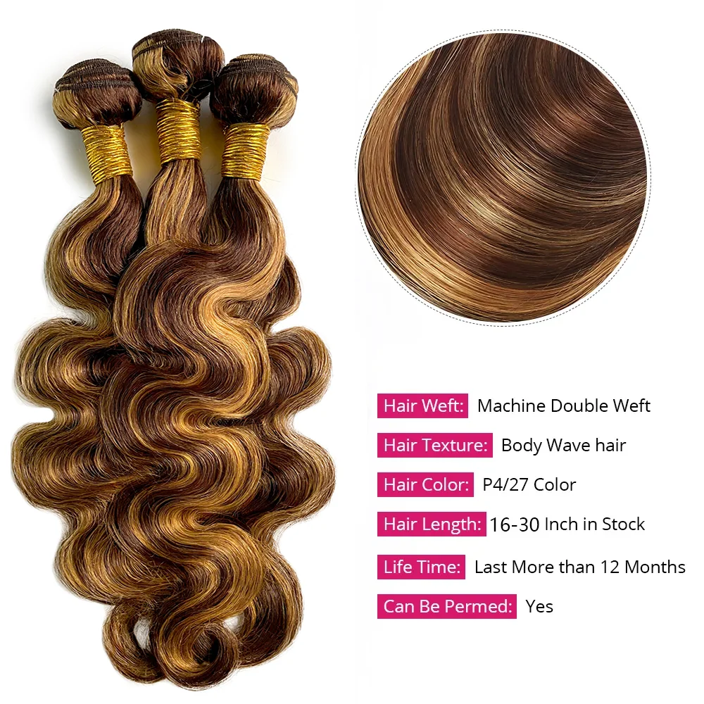 Bundles brésiliens de cheveux humains Body Wave Highlight, extension de cheveux humains Remy, double trame, blond miel, document # P4/27, 24, 26, 28 amaran