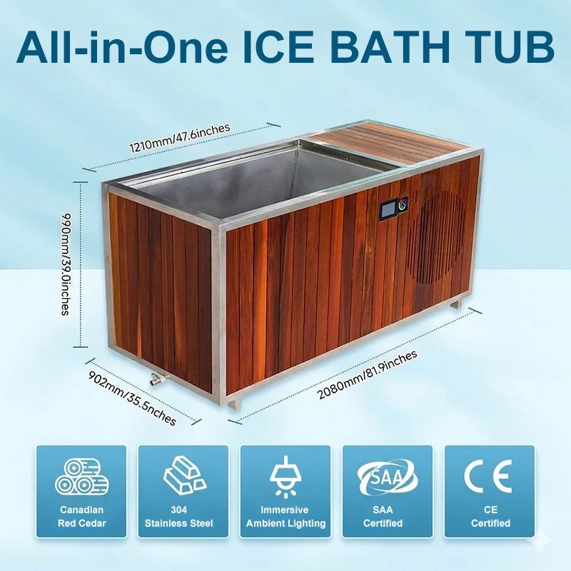 CHILLMEND Smart All in One Wooden Ice Bath Tub with Cold Plunge Chiller Red Cedar Stainless Steel Liner Barrel  with LED Lights