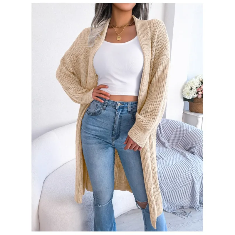 Women\'s Autumn And Winter Casual Versatile Collar Long Jacket Solid Color Cardigan Buttonless Long Sleeved Loose Sweater Coat