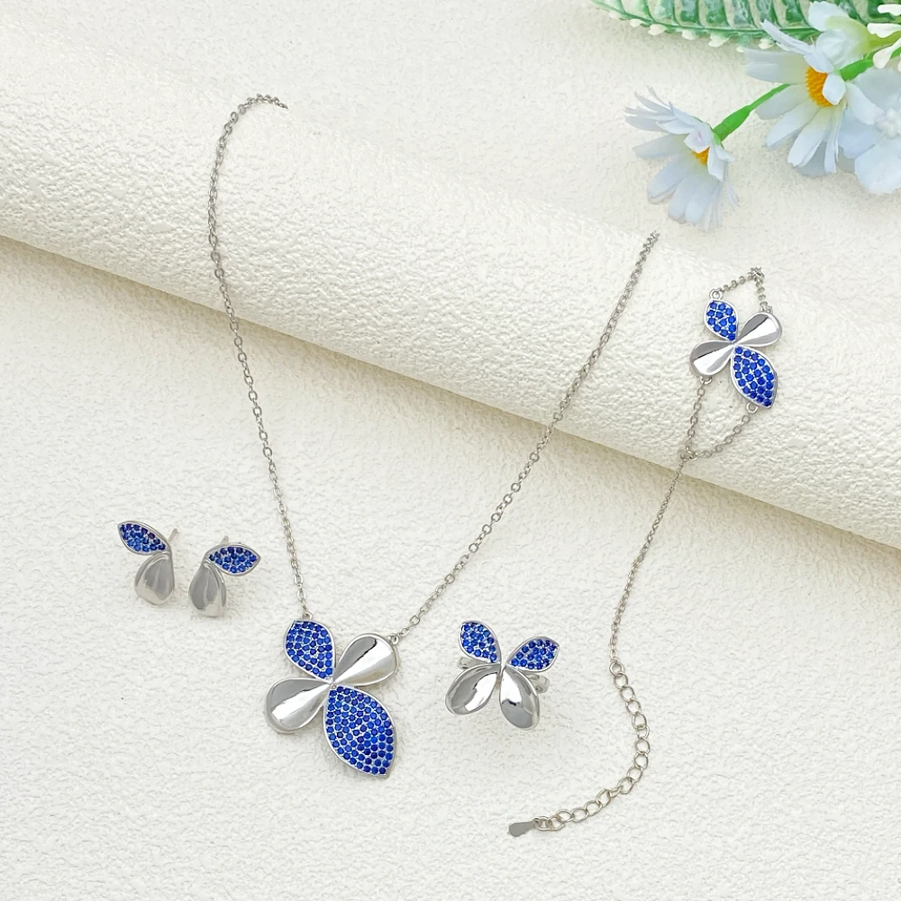 

Flora Gold-Plated Copper Zircon Jewelry Set for Women Elegant Daily Wear Bracelet Ring Necklace Earrings Ghana Style