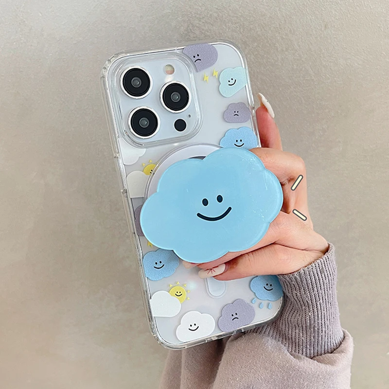 Korean Cute Magnetic Stand Grip Tok Cartoon Cloud Magsafe Phone Case For iPhone 15 14 13 12 11 Promax XSMAX 7 8 Soft Back Cover