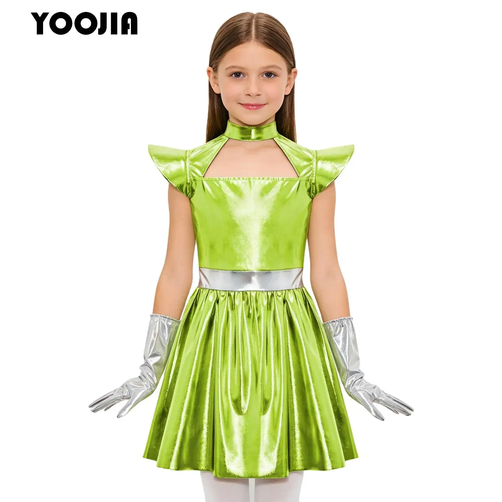 

Kids Girls Silver Astronaut Costume Alien Tutu Dress Halloween Outerspace Robot Cosplay Metallic A Line Dress with Gloves Outfit
