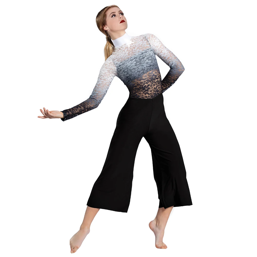 

MiDee Ballroom Dance Costume Gradient Lace Top Cropped Wide Leg Pants Dance Performance Competition Dresses for Girls Women Plus