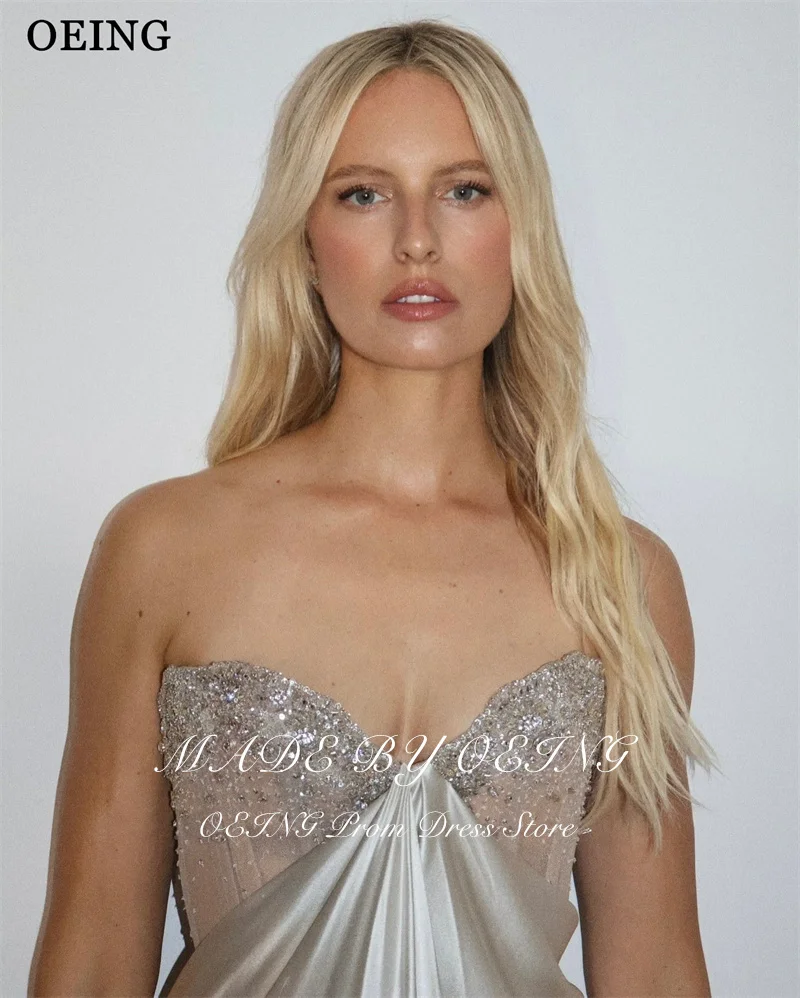 OEING Sexy Silver Mermaid Prom Dress Silky Sweetheart Sleeveless Illusion Beading Side Slit Party Dress vestidos Customized