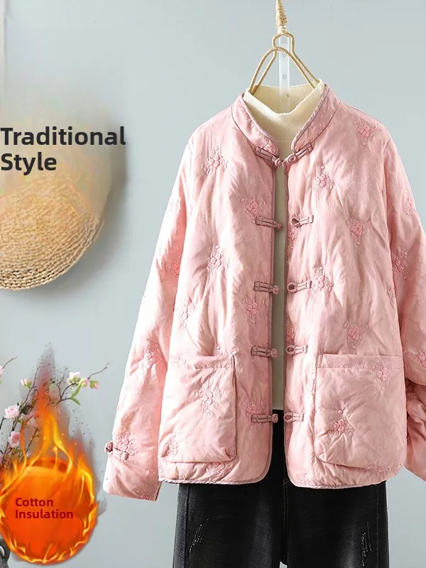 

Women's Cotton Jaet Embroidered Button Stand Collar Thermal Coat New Chinese Sle Long Sve Thiened Cotton Padded Oute...