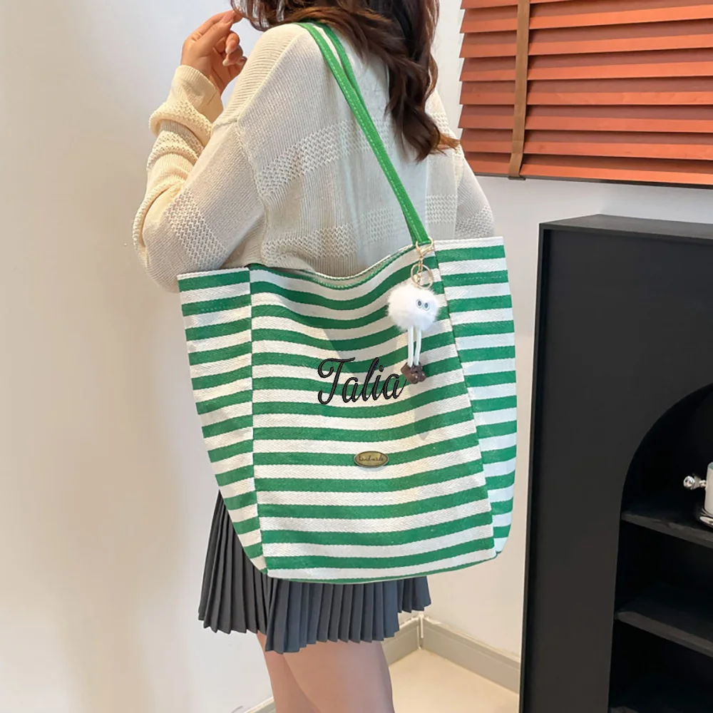 

Summer Trendy Striped Canvas Bag for Women, Versatile Customizable Embroidered Shoulder Bag, Handheld Large Capacity Tote Bag