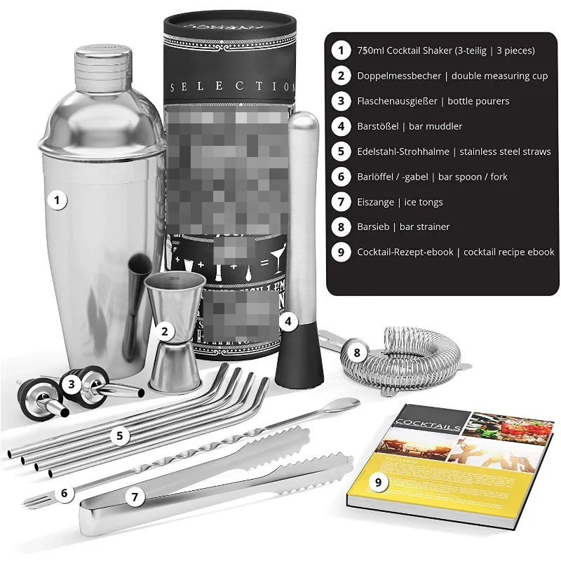 Basic  Bar Mixing Supply Kit, 13Pcs Stainless Steel Boston Cocktail Shaker Double Jigger Hawthorne Strainer Twist Spoon