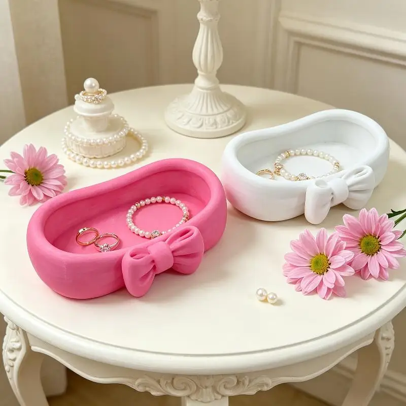 1Pcs Cute Bow Bathroom Desk Organizer Pink Makeup Desk Tray Cute Toothbrush And Skincare Storage Box