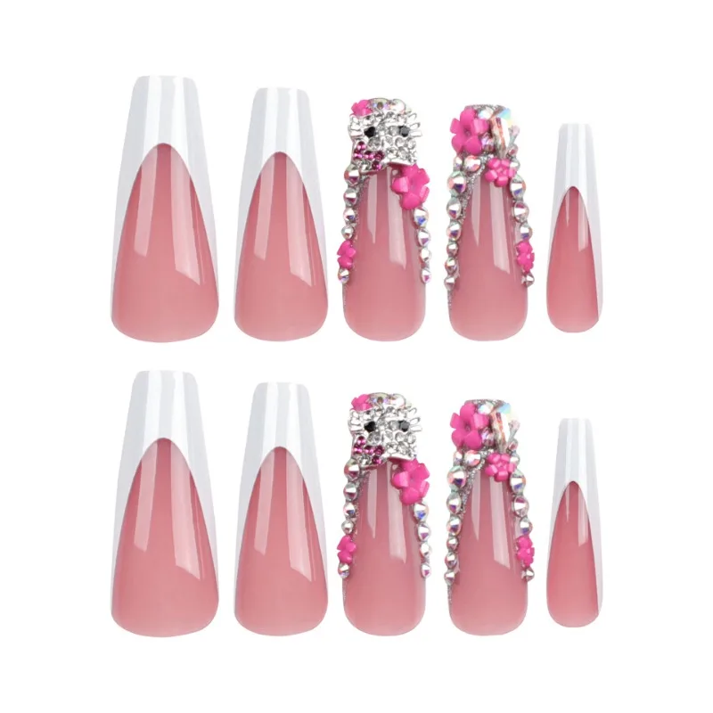 24 pçs/set y2k arte do prego falso com hellokitty strass francês borda branca design wearable longo fasle dicas de unhas manicure remendo