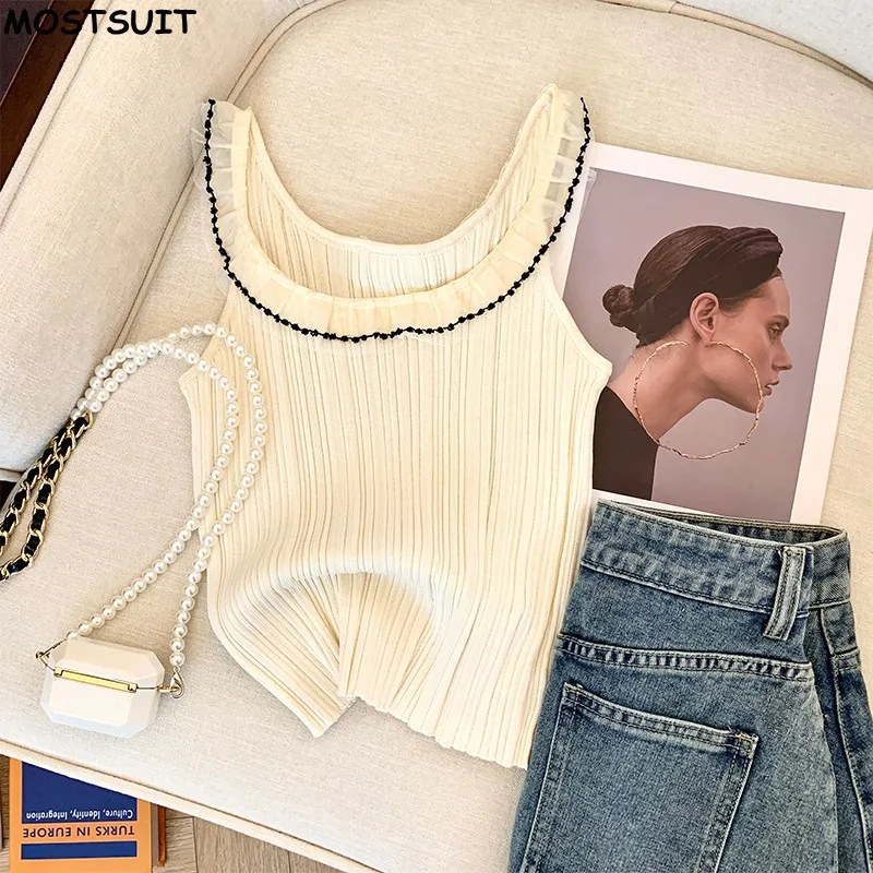 

2024 Summer Slim Knit Sweater Vest For Women Sexy Fashion Elegant Ladies Crop Tops Knitwear Stylish Chic Jumpers Vests Femme