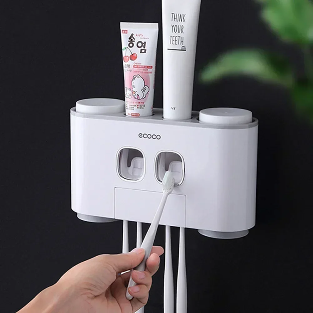 4 Cup Automatic Toothpaste Dispenser Dust-proof Toothbrush Holder With Cups No Nail Wall Stand Shelf Bathroom Accessories Sets