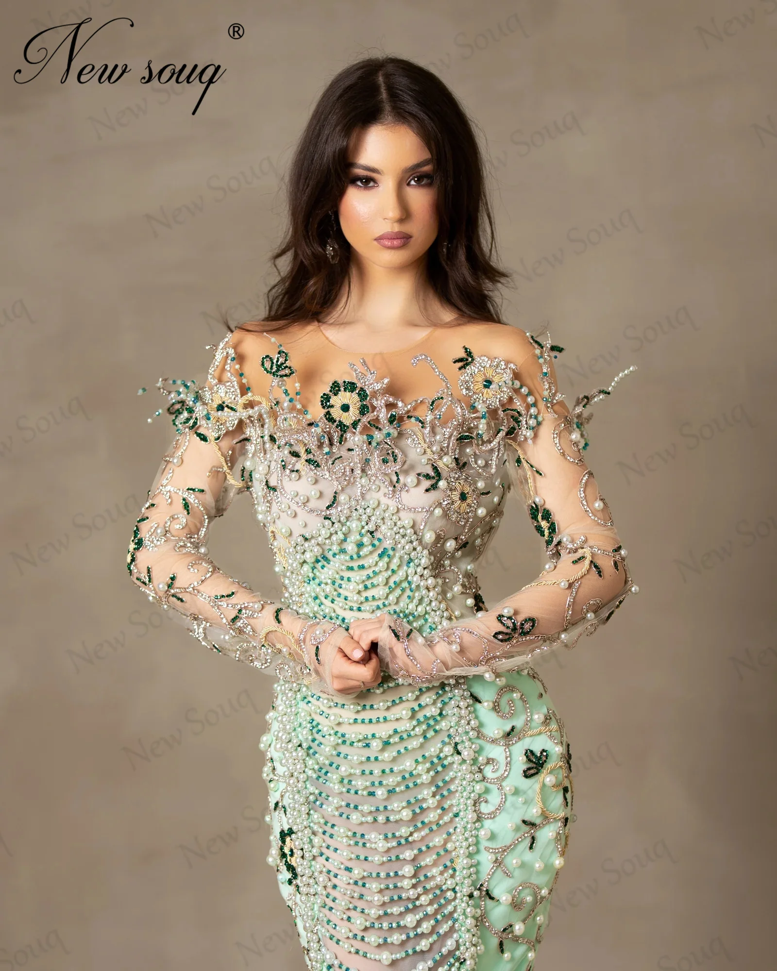 Exquisite Handmade Beaded Evening Dresses Light Green Mermaid Crystals Celebrity Dress Haute Couture Dubai Engagement Party Gown