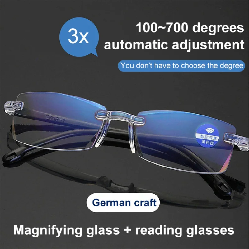 Rahmenlose Lesebrille mit automatischem Zoom, Kantenschnitt-Stil, geeignet für Myopie, Weitsichtigkeit, Strahlenschutz, leichtes Lesen