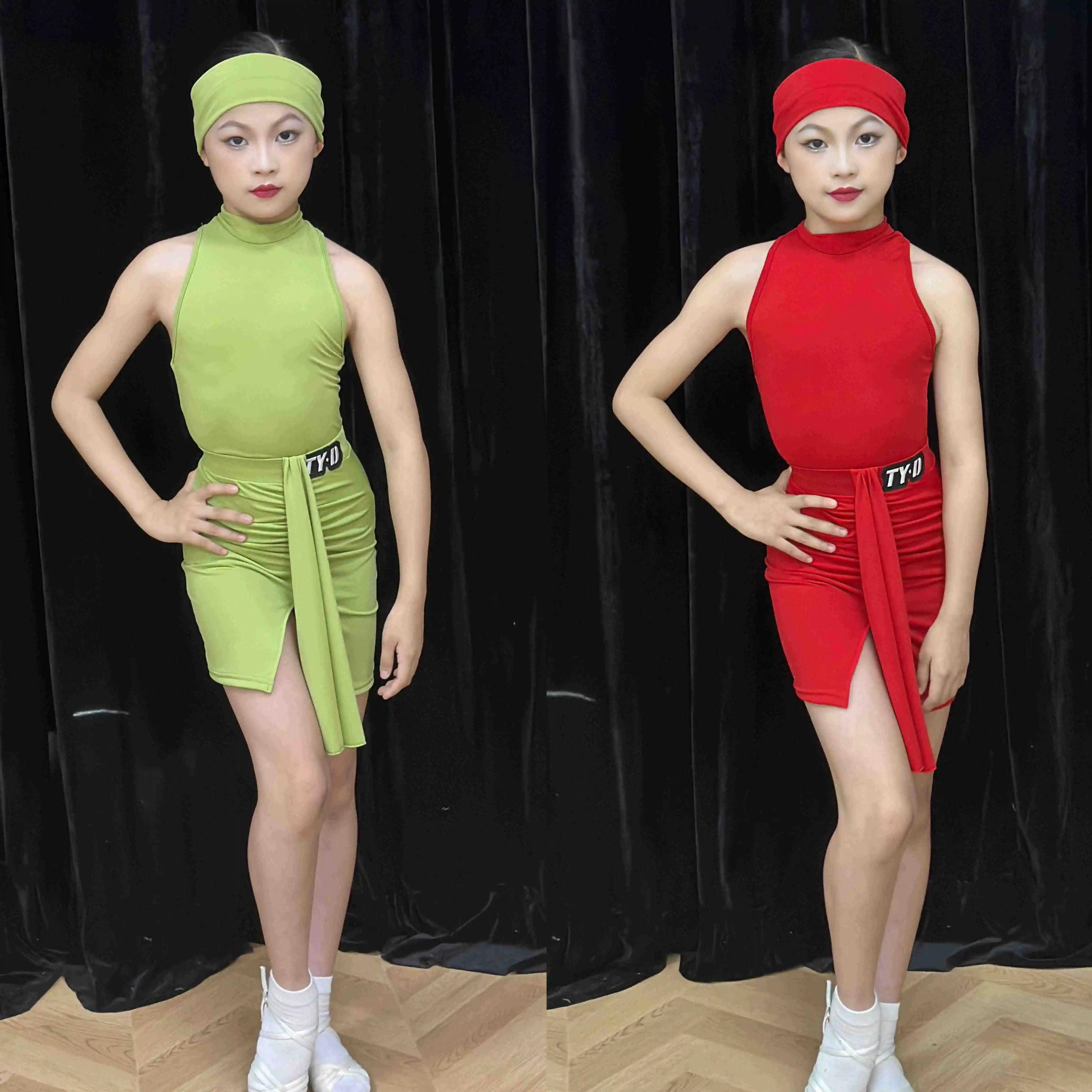 2026 Kids Latin Dance Clothes Girls Summer Sleeveless Green Red Dress Performance Suit Chacha Rumba Dance Practice Wear DNV27481