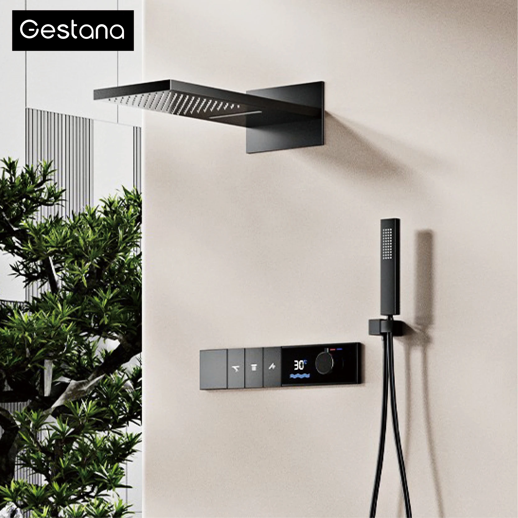 Gunmetal Luxury Brass Built-in Thermostatic Shower System With LED Display Rain&Handheld Wall- Mounted For Bathroom Hot/Cold Tap