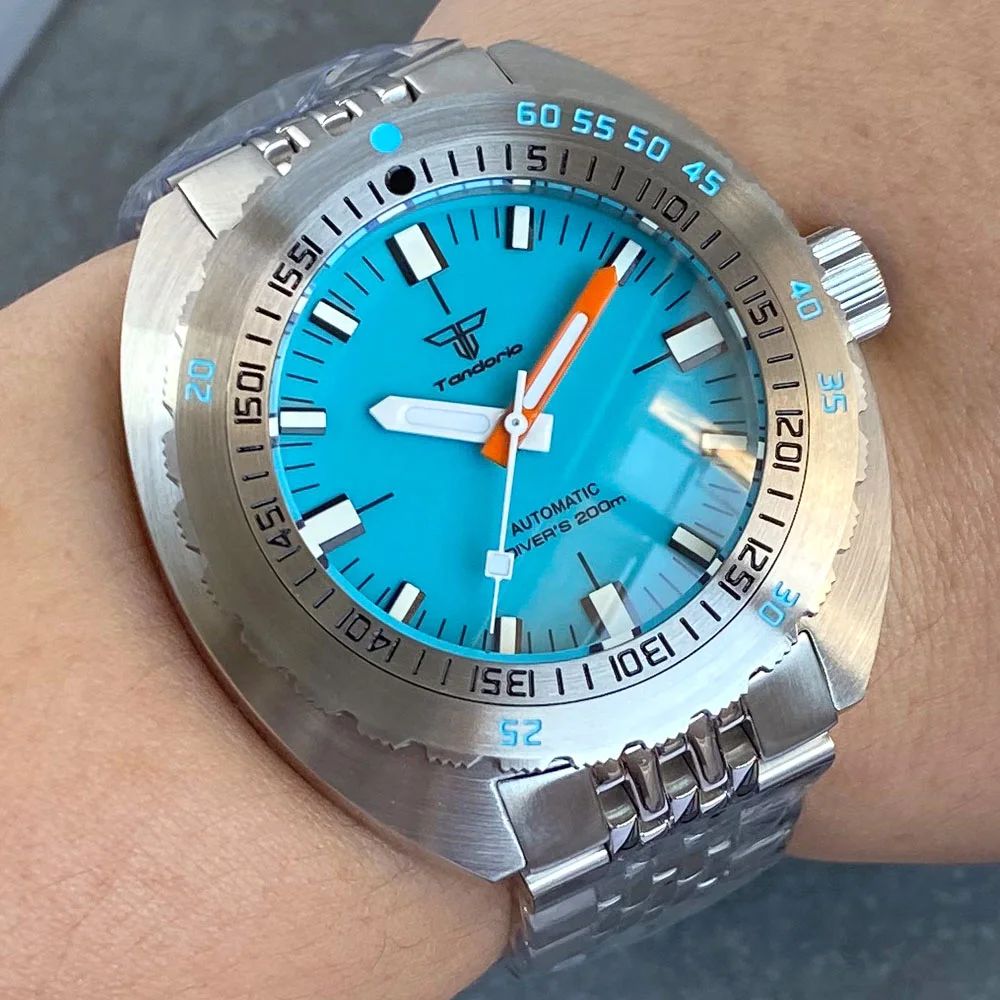 Tandorio 42mm NH35A 20ATM Waterproof Diving Automatic Watch Men Blue Orange Sapphire 120 Click Bezel Lume Mark Steel Bracelet