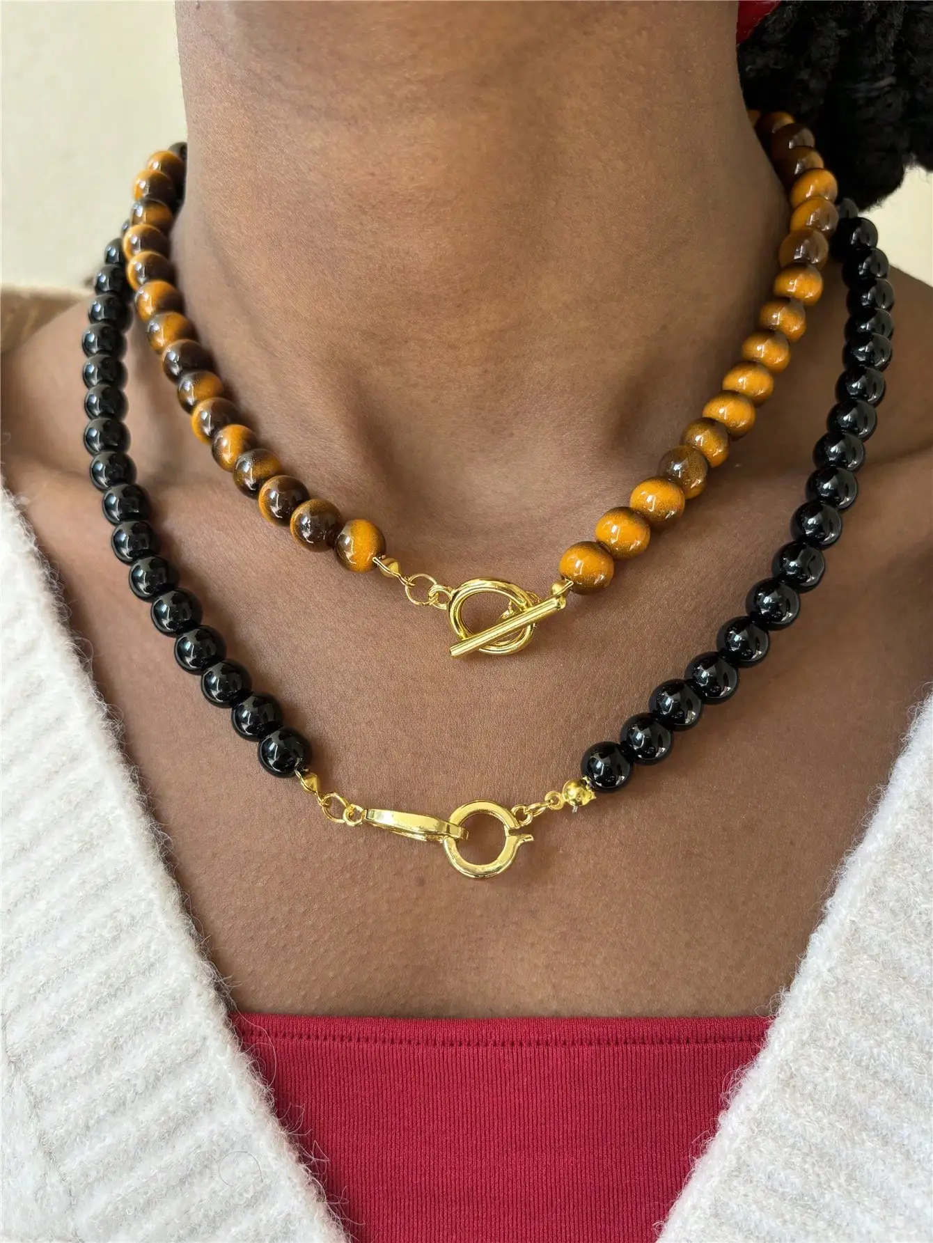 French Red Black Brown Beaded Necklace For Women Gold Color Chain Double Toggle Clasp Circle Chokers Party Accessories Gifts