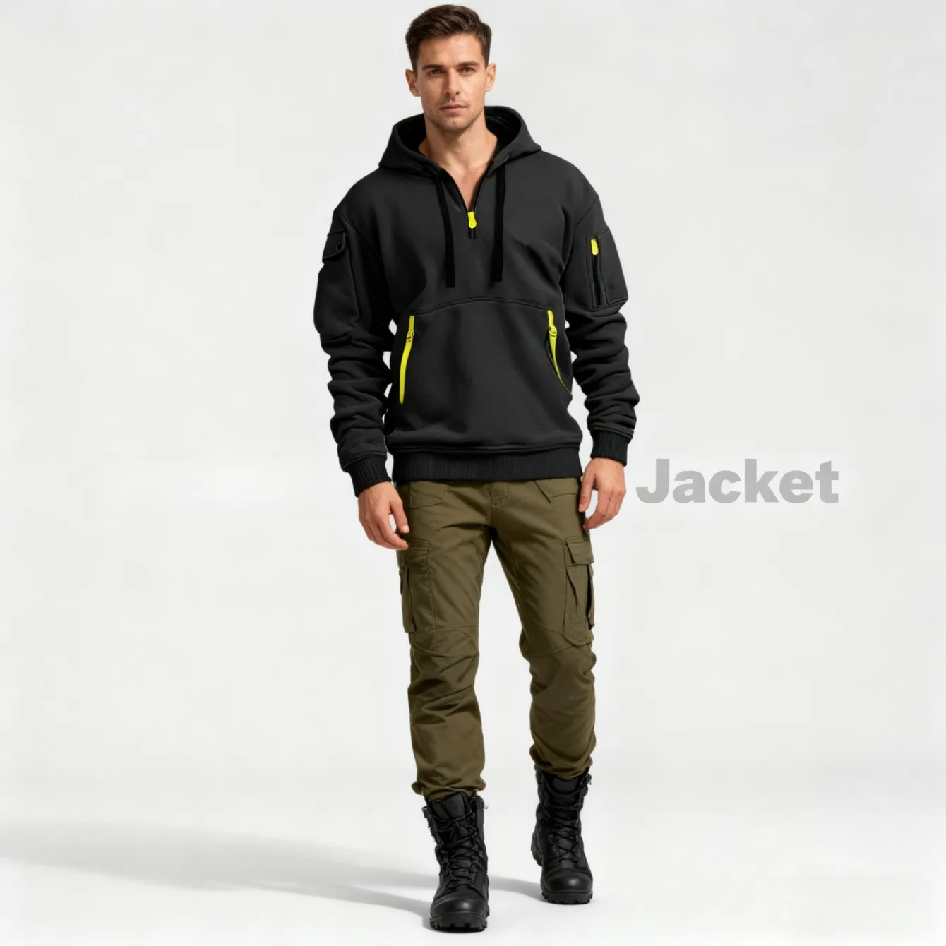 

Men's Trendy Ribbon Hooded Sweatshirt Multi Pocket Pullover Design Casual Knitted Jacket European American Style New