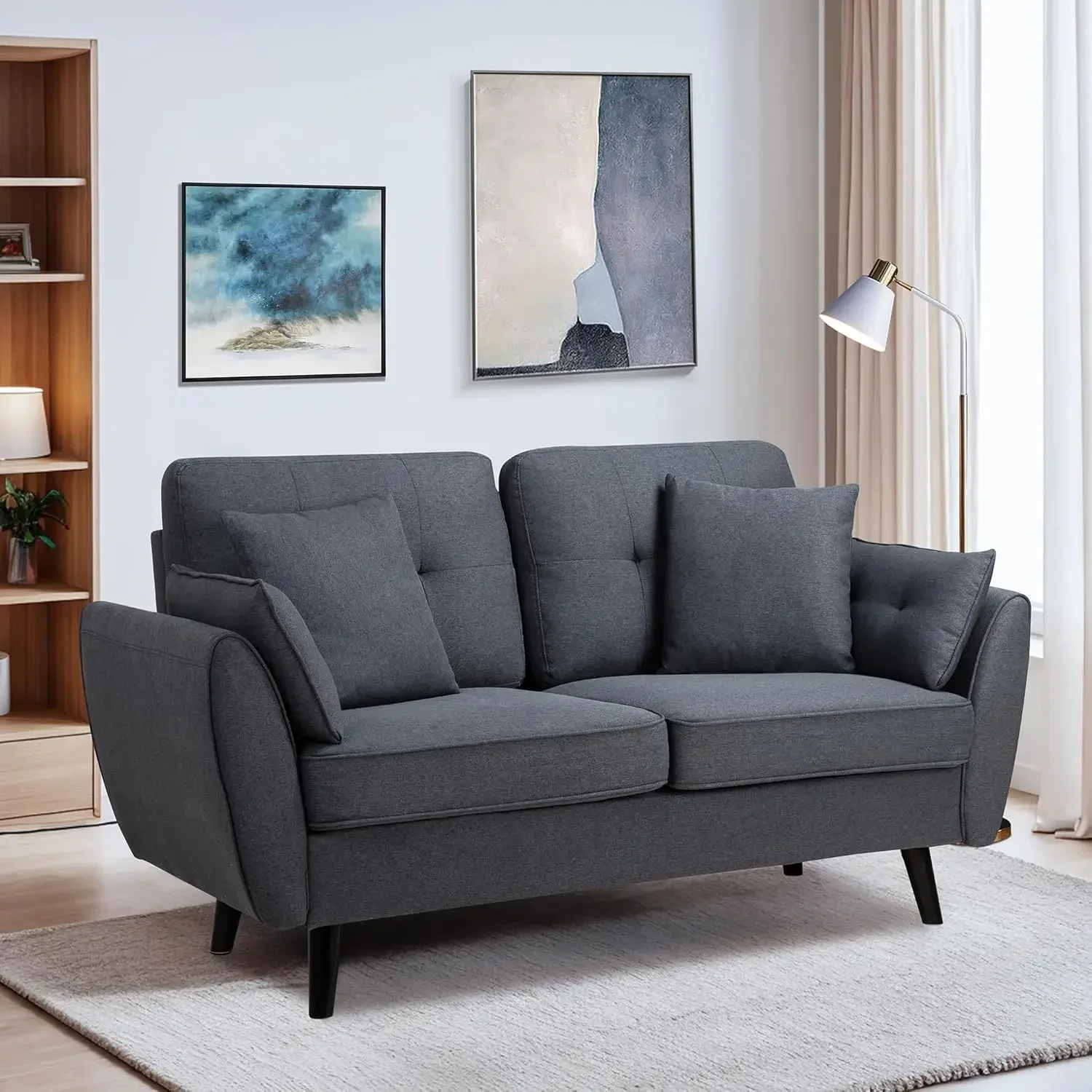 Sofá moderno Loveseat sofá, meados do século sofás para sala de estar, estofados 2 assentos de amor com travesseiro, 63"