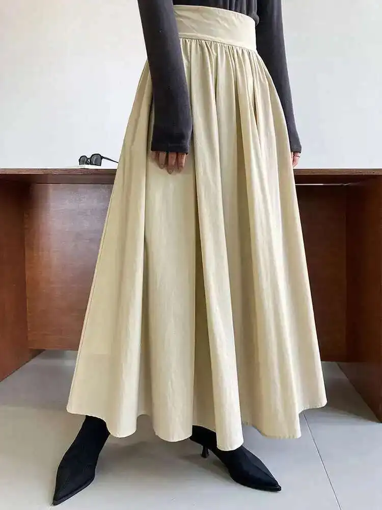 

High Waist Apricot Brown Pleated Long Casual A-line Half-body Skirt Women Fashion Tide New Spring Autumn