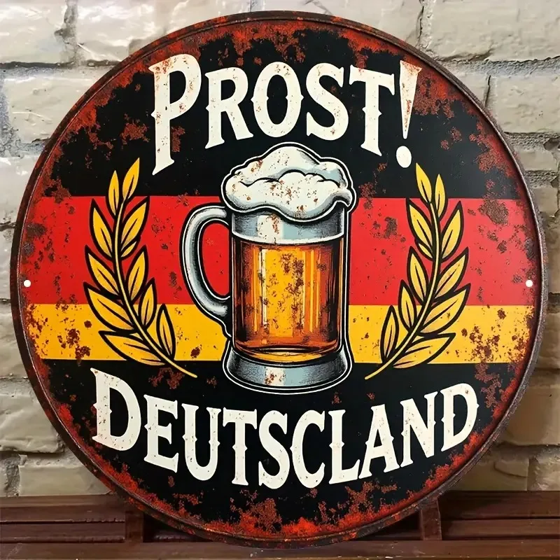 2D Flat 1pc Round German Beer Metal Sign - Prost Deutschland Bavarian Wall Decor with Wheat Stalks and German Flag Colors